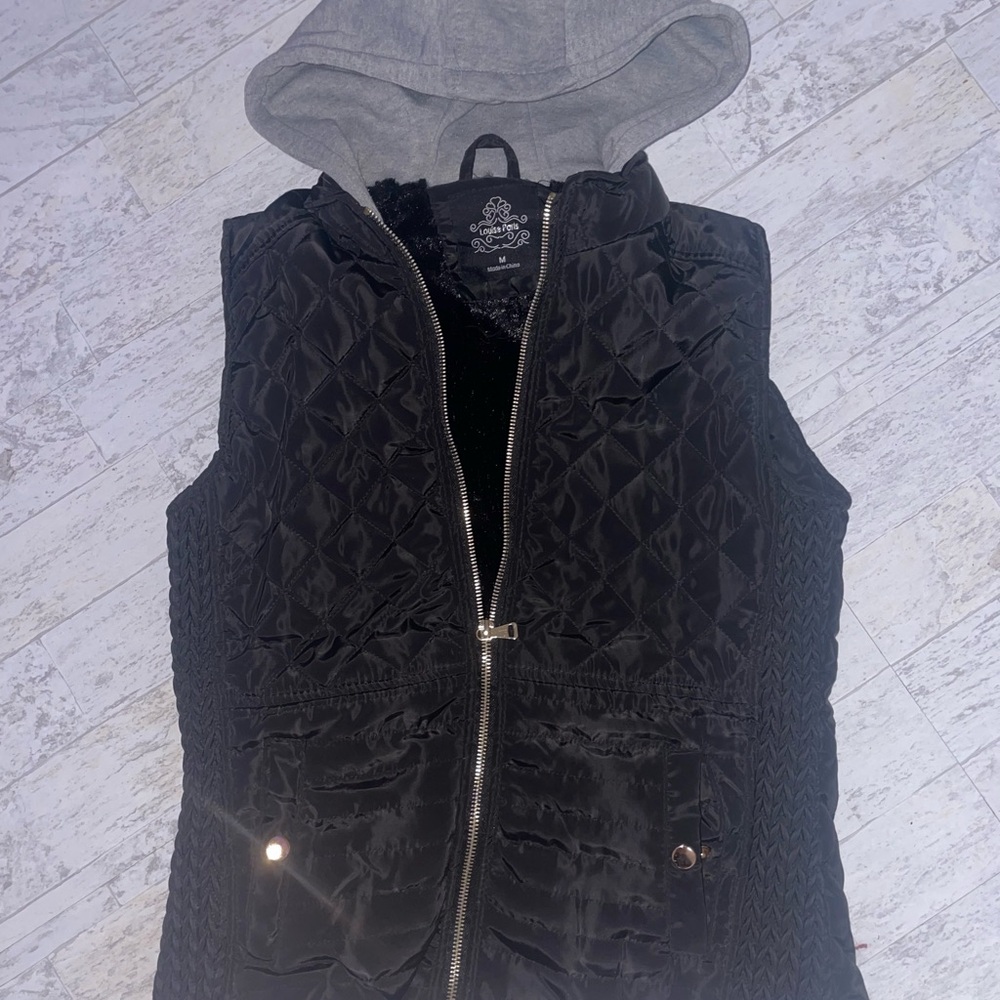 Black Quilted Vest with Gray Hood